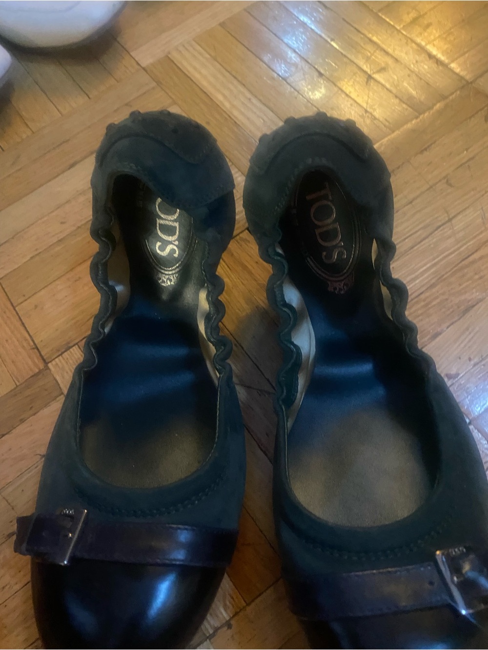 Tod's Dark Green Leather Ballet Flats with Black Patent Toe